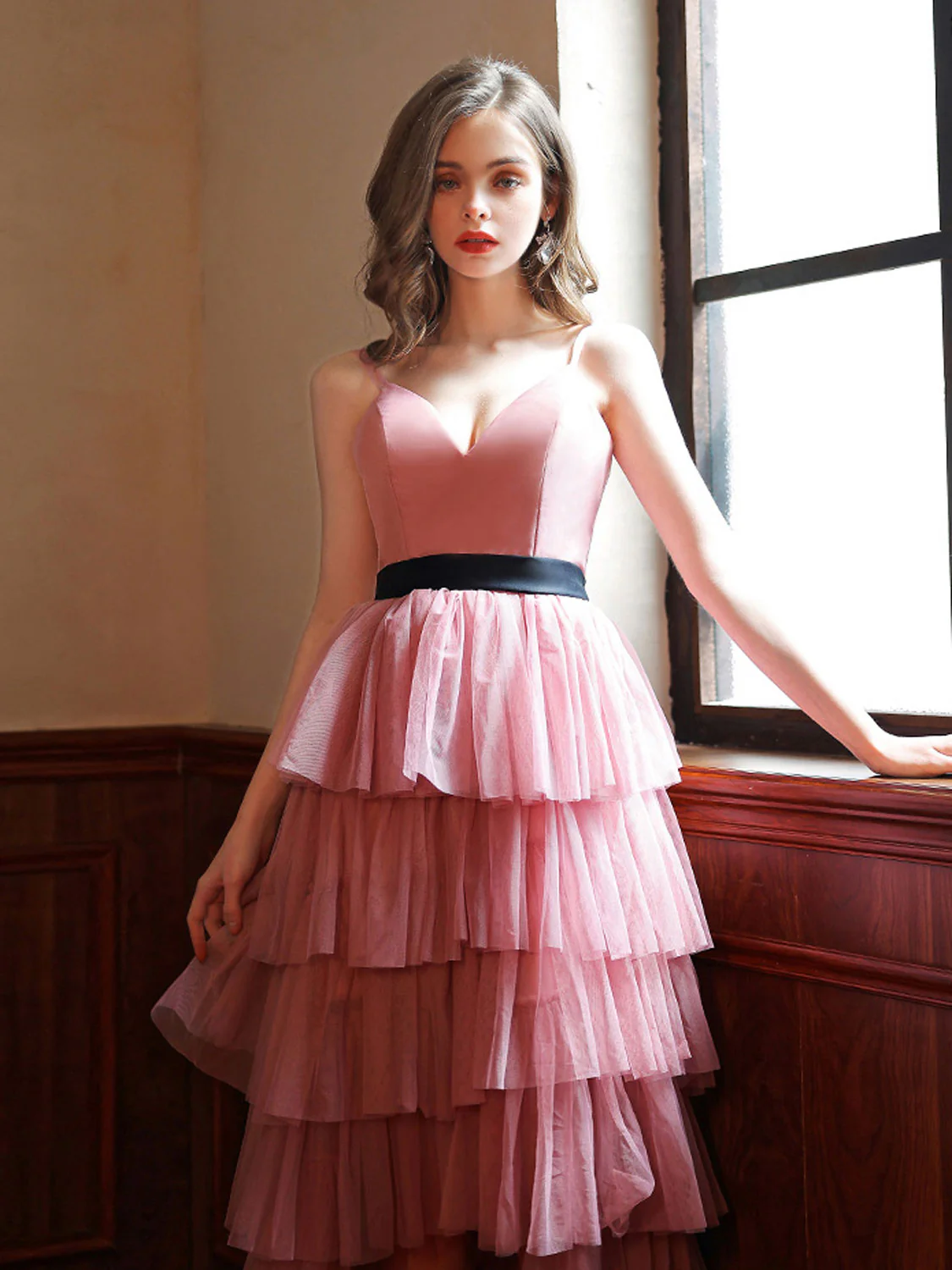 Pink V Neck High Low Long Prom Dress, Pink Tulle Formal Graduation Dresses - Deanwangkt