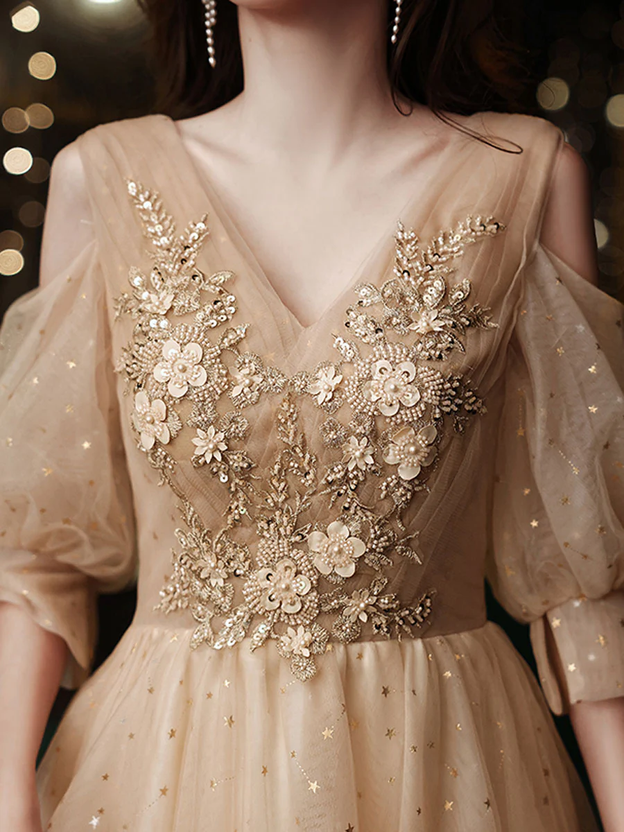 Champagne V Neck Tulle Lace Short Prom Dress, Champagne Homecoming Dress - Deanwangkt