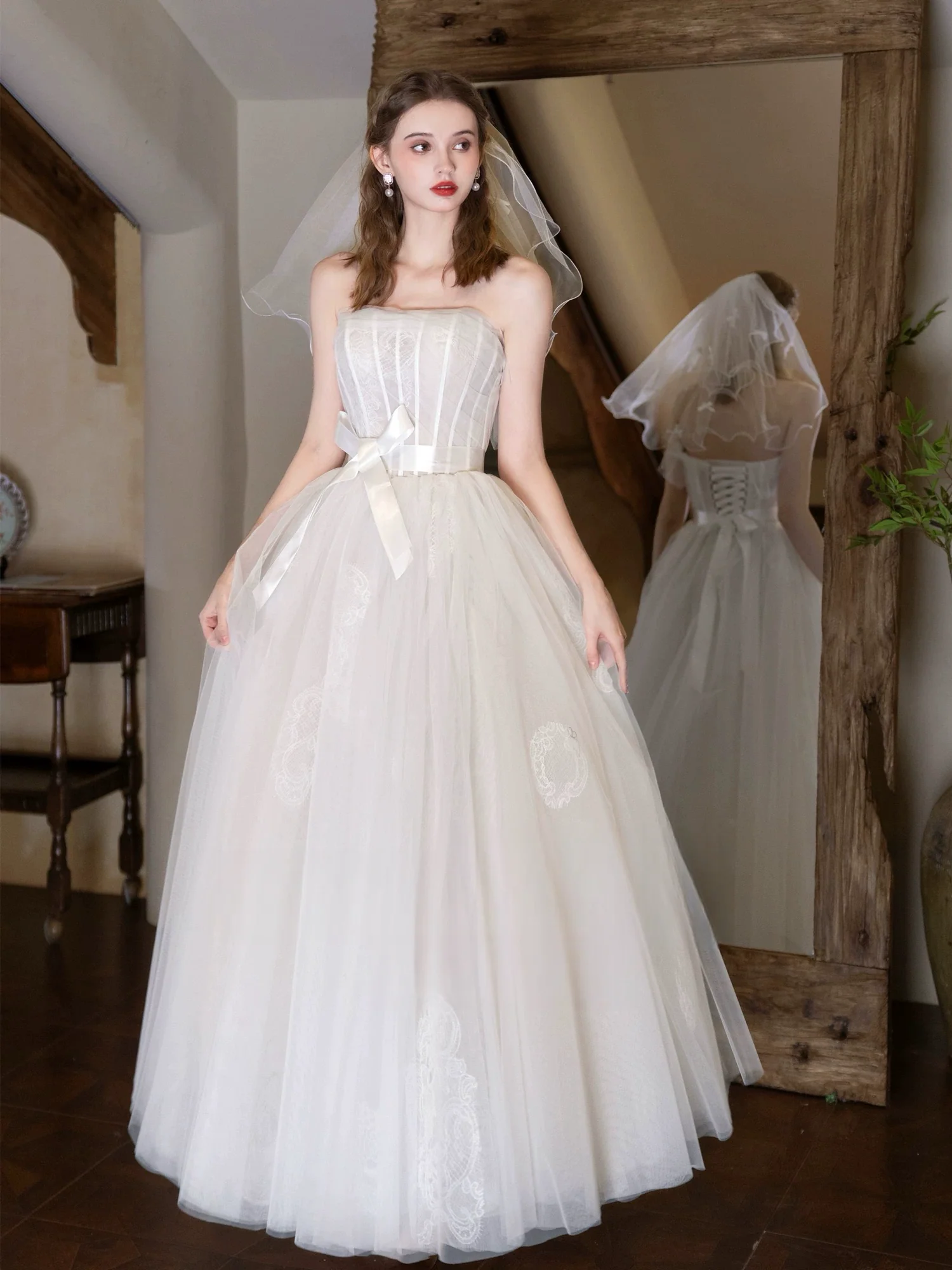 A-Line Tulle Lace Light Champagne Long Prom Dress ,Champagne Long Formal Dress - Deanwangkt