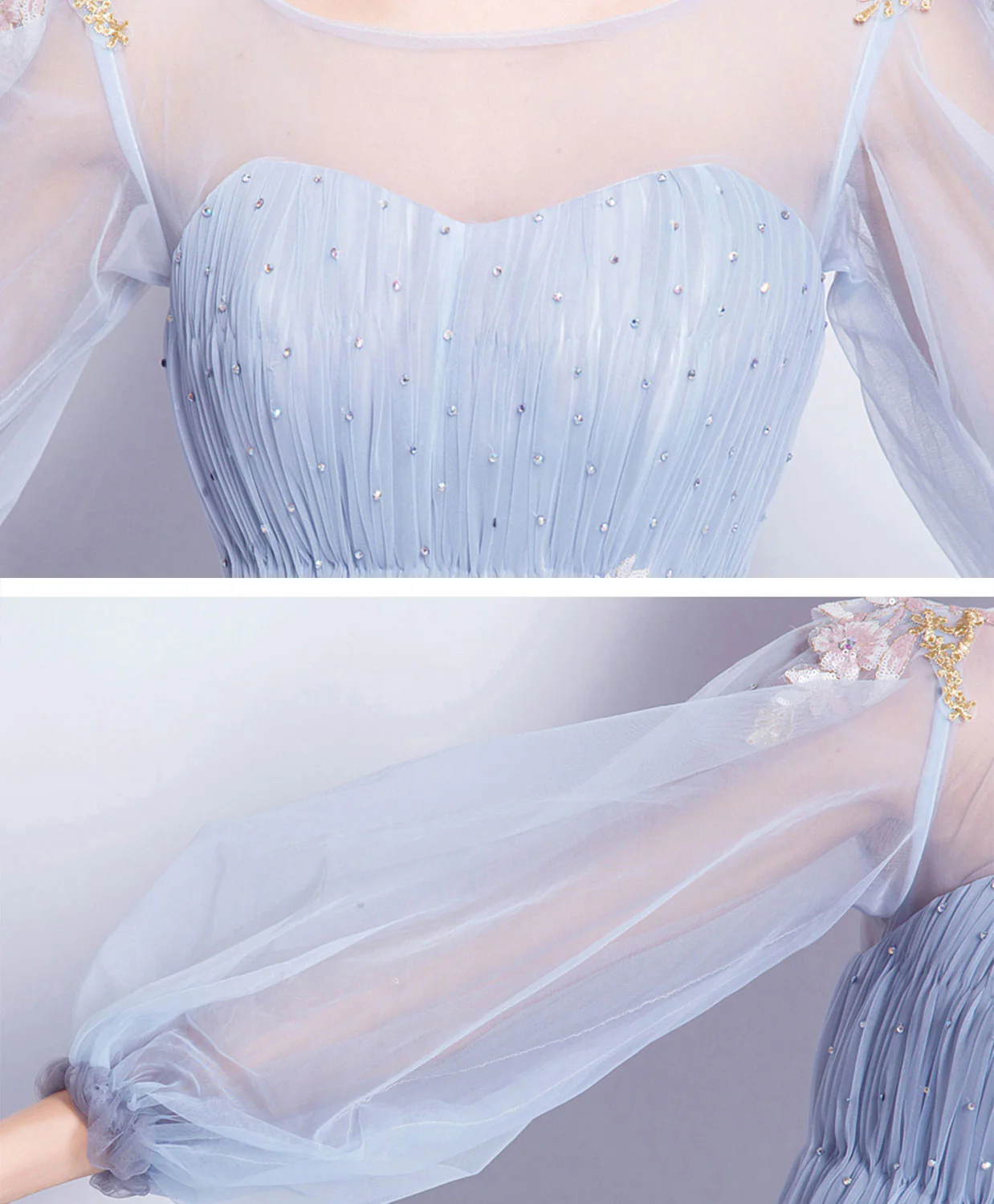 Blue Round Neck Tulle Blue Long Prom Gown, Blue Evening Dress - Deanwangkt