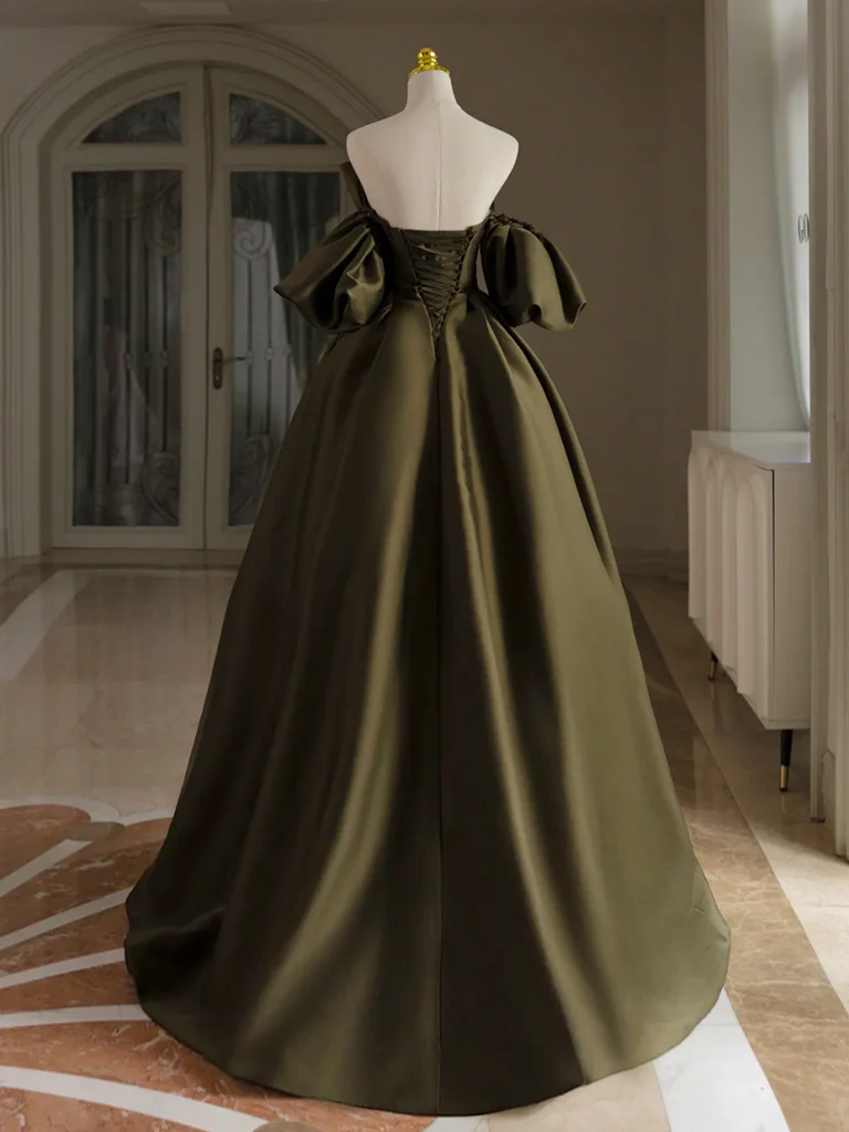 A-Line Puff Sleeves Olive Green Satin Long Prom Dress, Olive Green Long Formal Dress - Deanwangkt