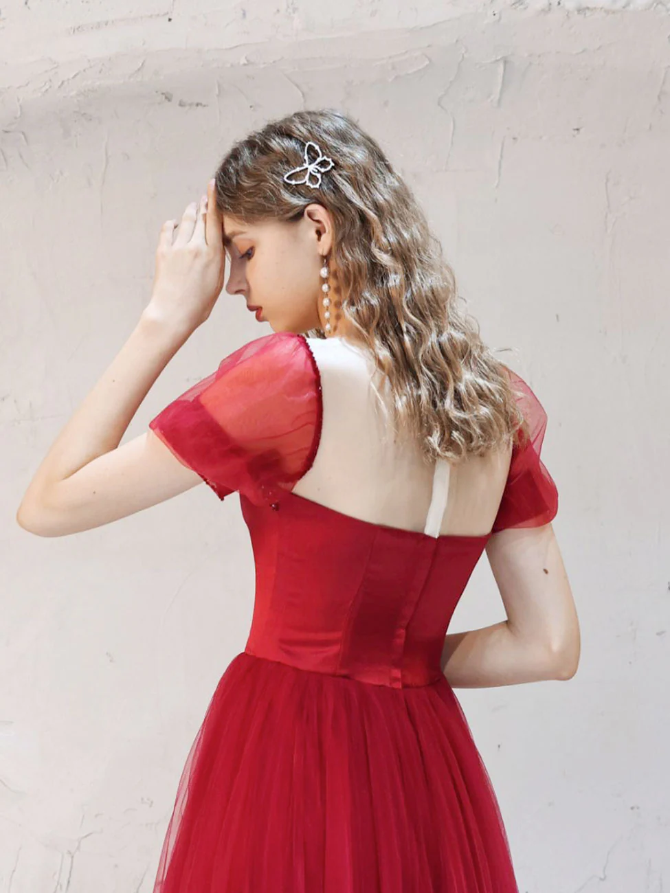 A-Line Burgundy Long Prom Dresses, Tulle Burgundy Evening Dresses with Beading - Deanwangkt