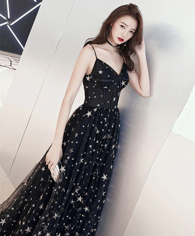 Black V Neck Tulle Long Prom Dress, Black Evening Dress - Deanwangkt