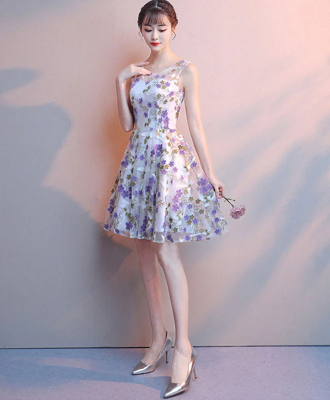 Cute Tulle Purple Flower Short Prom Dress Tulle Homecoming Dress - Deanwangkt