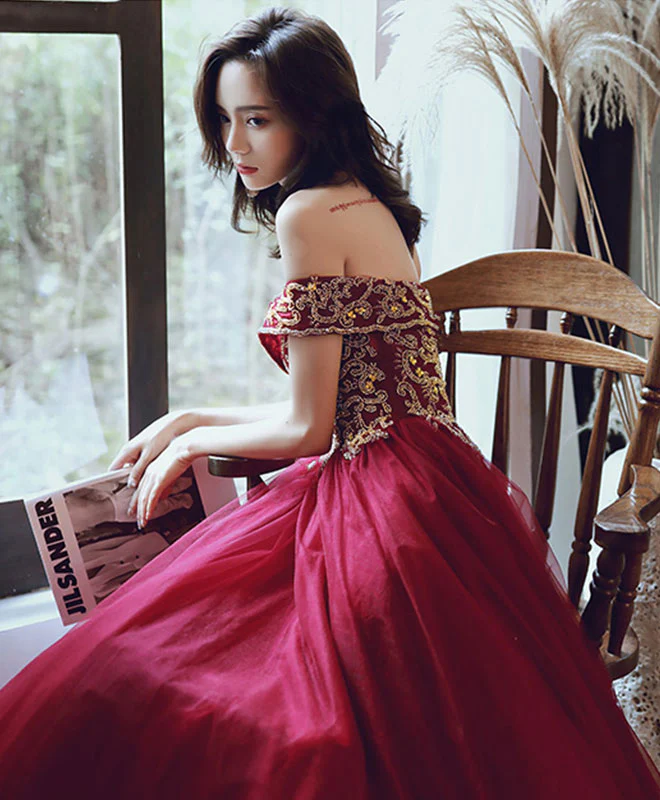 Burgundy Tulle Sequin Off Shoulder Long Prom Dress Burgundy Evening Dress - Deanwangkt