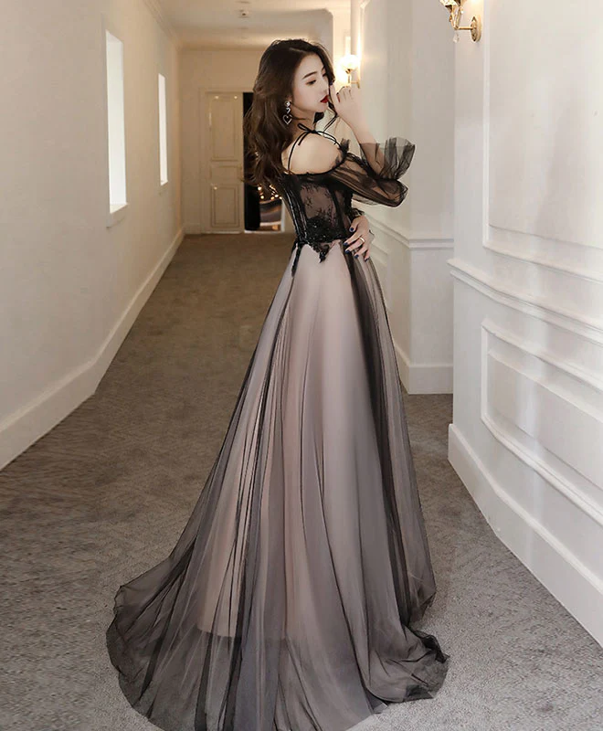 Black Tulle A Line Lace Long Prom Dress Tulle Lace Formal Dress - Deanwangkt