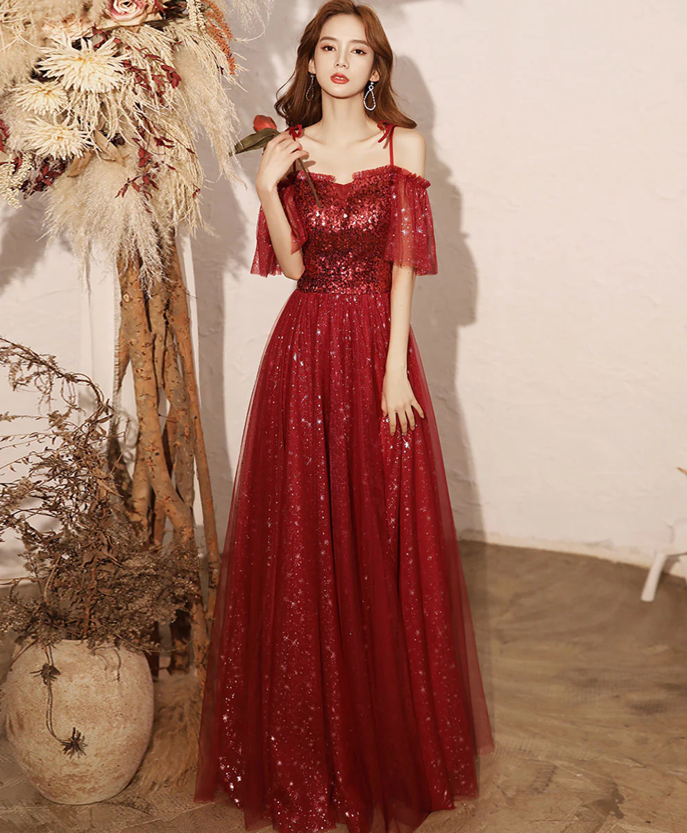 Burgundy Sweetheart Tulle Sequin Long Prom Dress, Burgundy Formal Dress - Deanwangkt