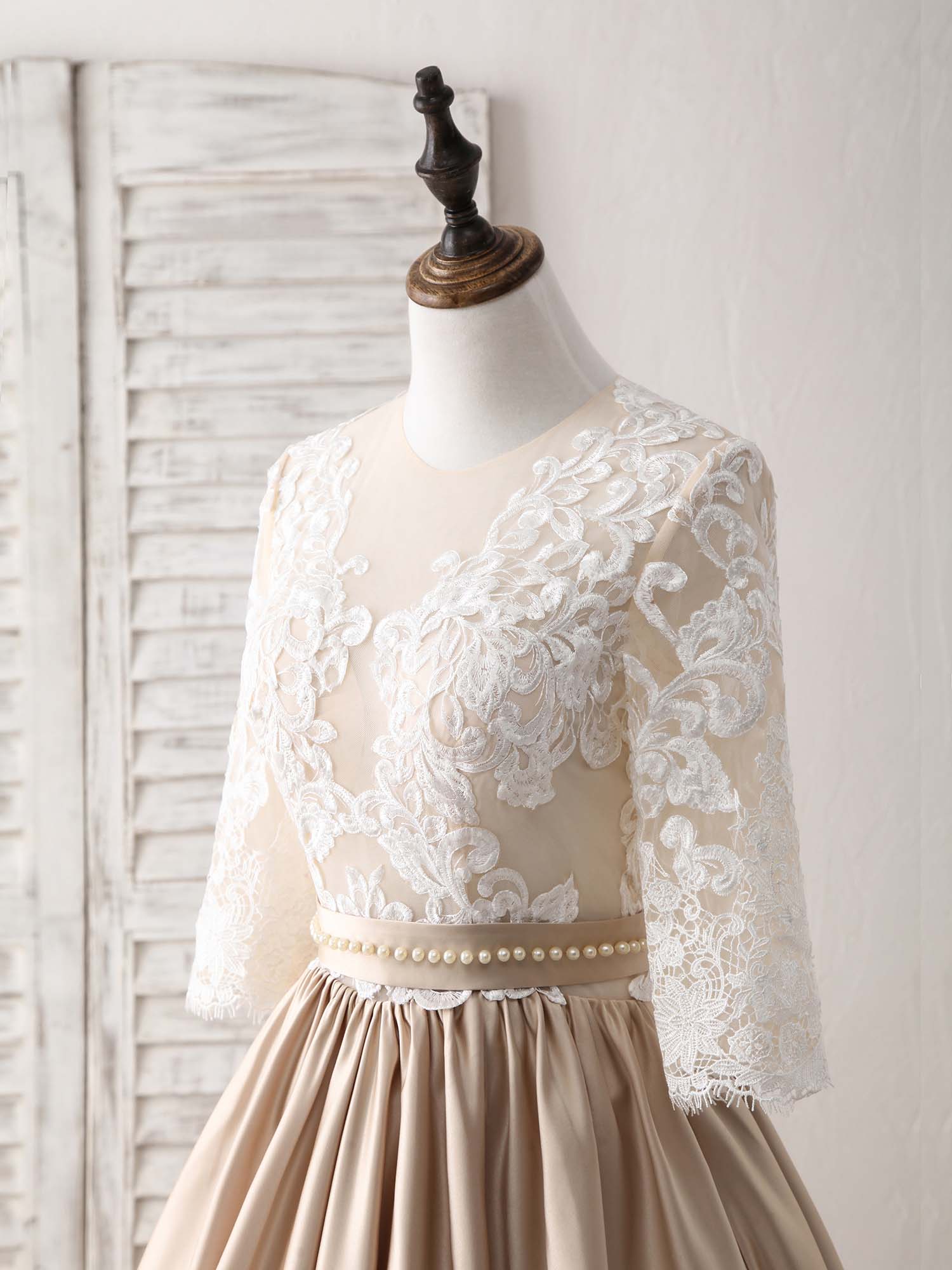 Champagne Round Neck Satin Lace Long Prom Dress, Evening Dress - Deanwangkt