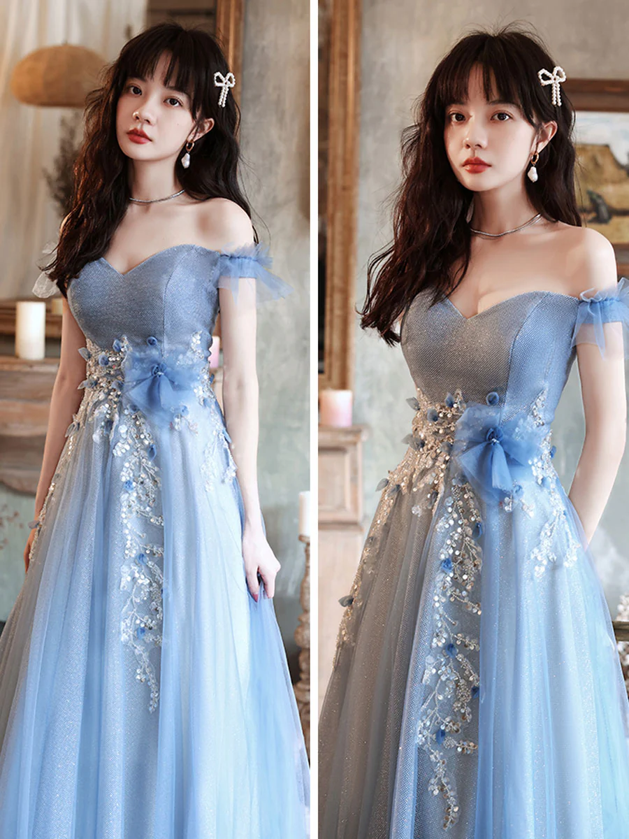 Blue Off Shoulder Tulle Long Prom Dress, Blue Tulle Formal Dress With Beading - Deanwangkt