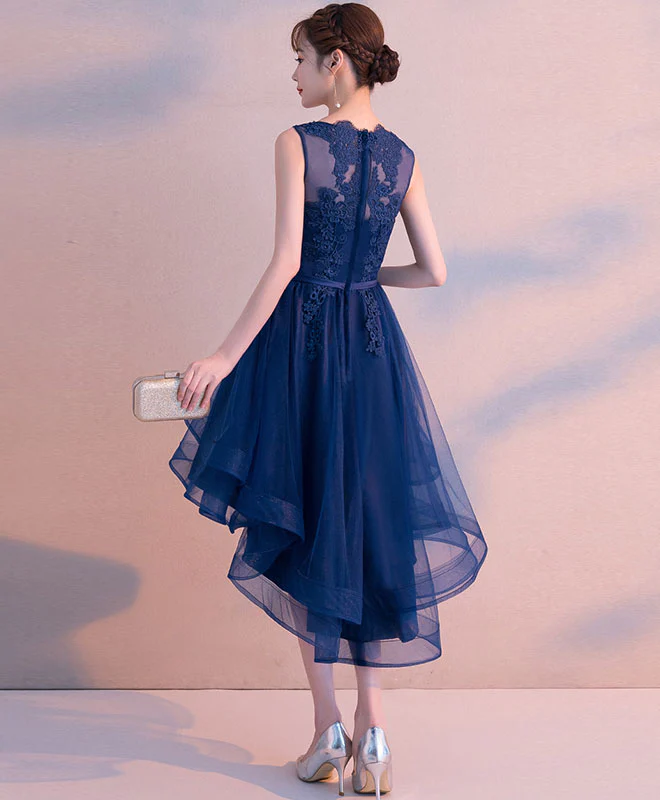 Dark Blue Tulle Lace Short Prom Dress, Blue Tulle Lace Bridesmaid Dress - Deanwangkt