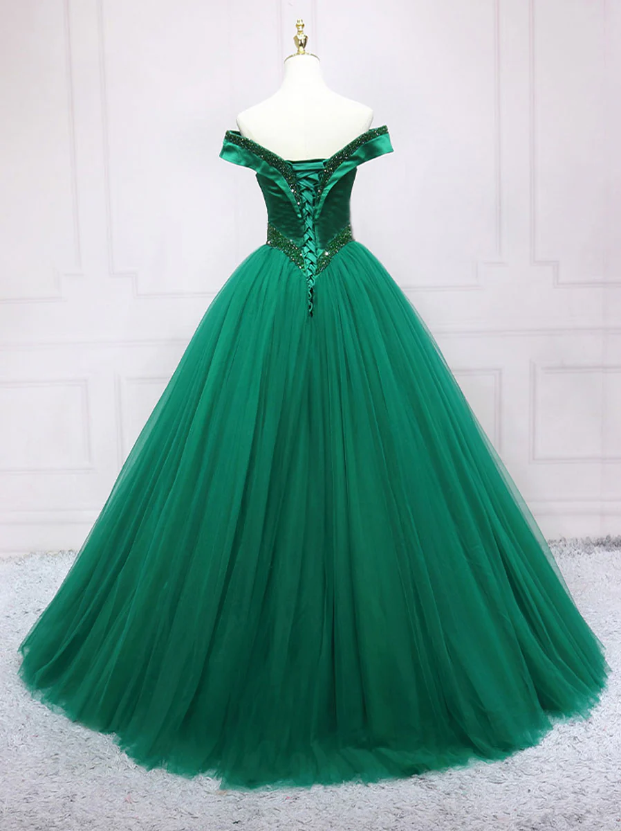 Green Tulle Off Shoulder Tulle Beads Long Prom Dress, Green Formal Graduation Dresses - Deanwangkt