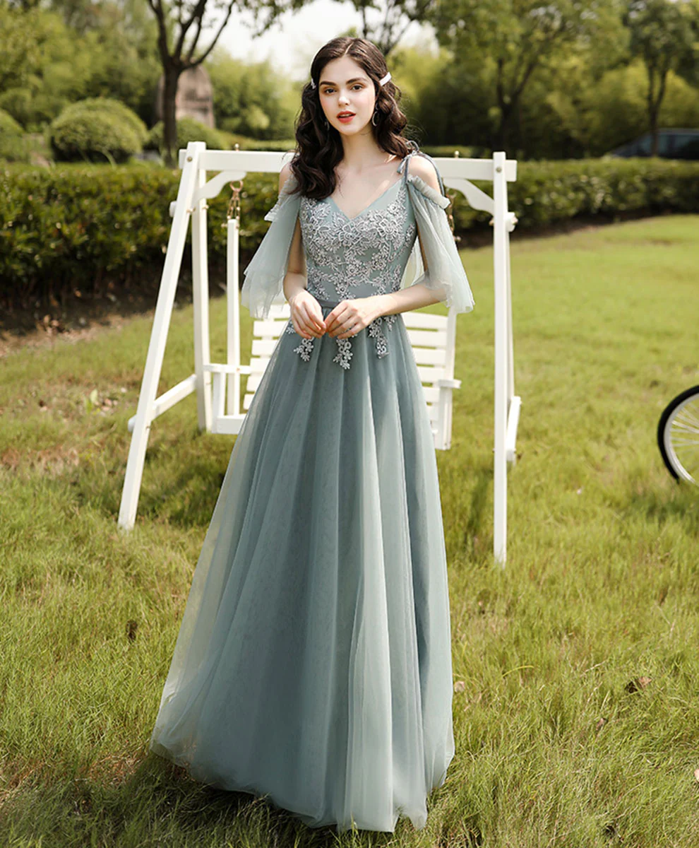 Green Tulle Lace Long Prom Dress, Green Tulle Lace Bridesmaid Dress - Deanwangkt
