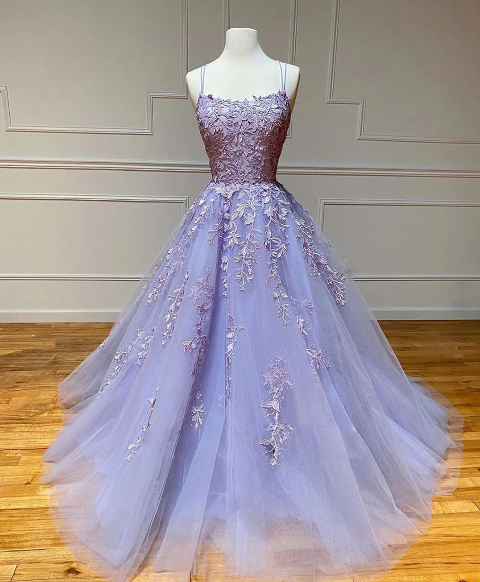 Purple Tulle Lace Long Prom Gown, Lace Tulle Purple Graduation Dresses - Deanwangkt