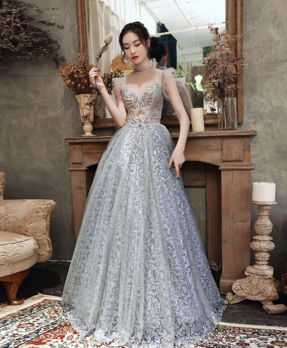High Neck Tulle Gray Long Prom Dress, Gray Formal Evening Dress with Beading - Deanwangkt