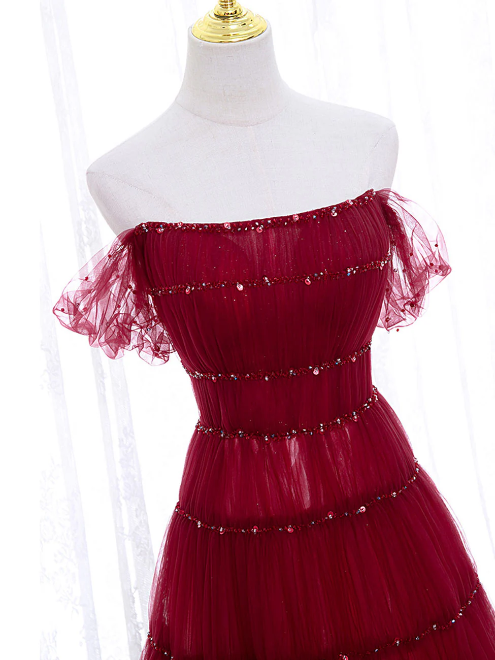 Burgundy Off Shoulder Long Prom Dress, Burgundy Formal Dress with Beading Sequin - Deanwangkt