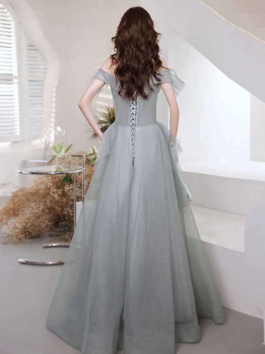 Gray Blue Sweetheart Neck Tulle Long Prom Dress Gray Evening Dress - Deanwangkt
