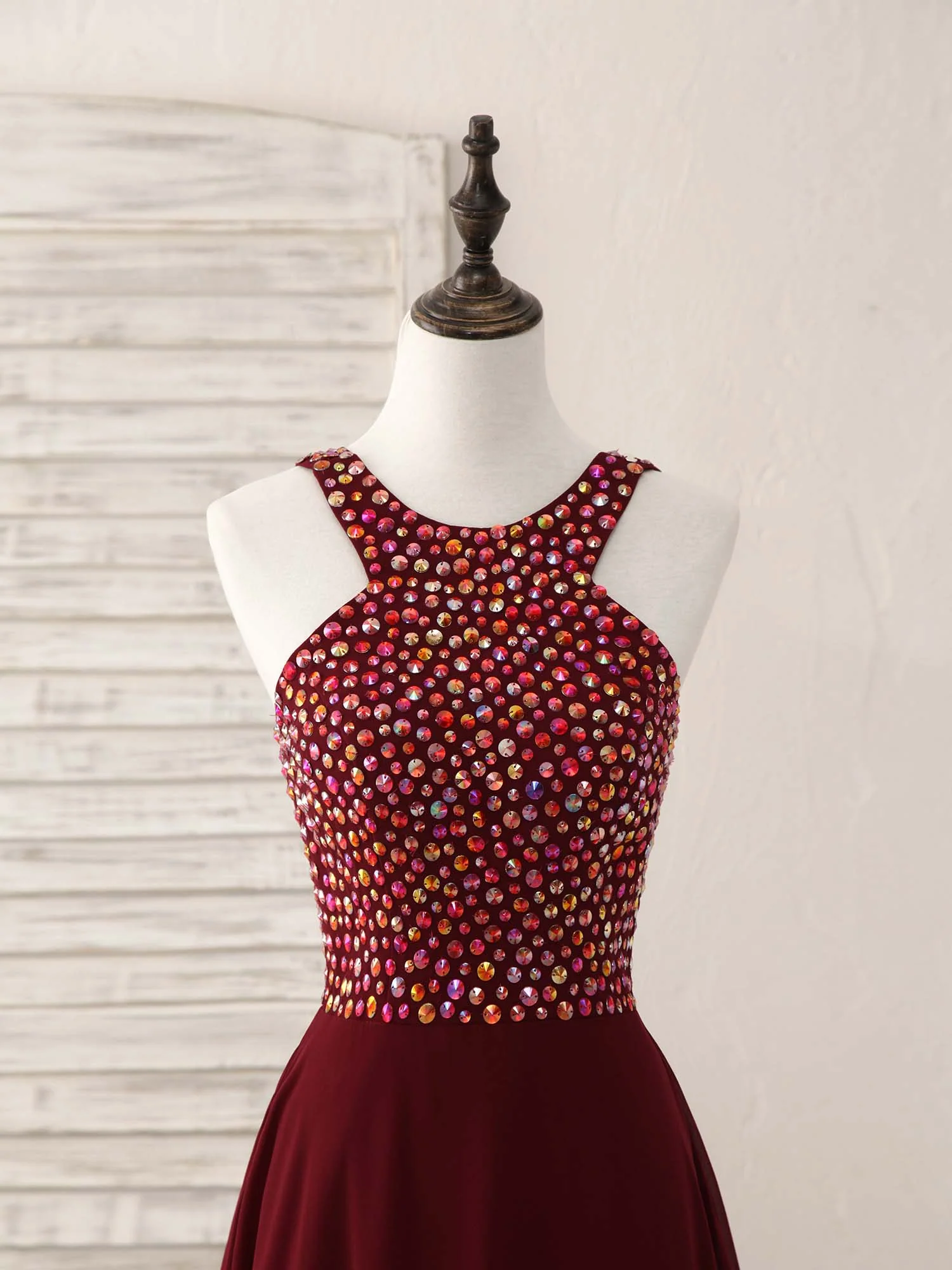 Burgundy Round Neck Chiffon Beads Long Prom Dress - Deanwangkt