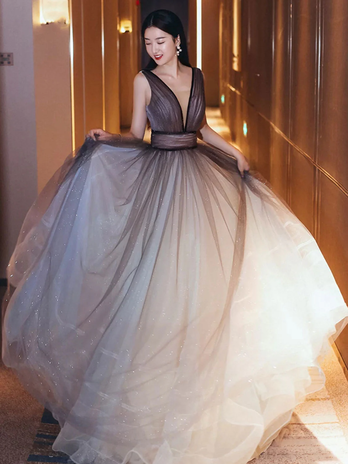 Aline V Neck Tulle Long Prom Dress Tulle Long Formal Graduation Dresses - Deanwangkt