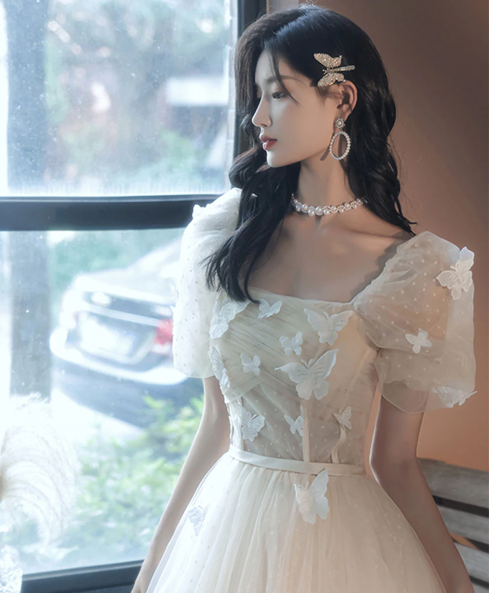 Light Champagne Tulle Long Prom Dress, Light Champagne Evening Dress - Deanwangkt