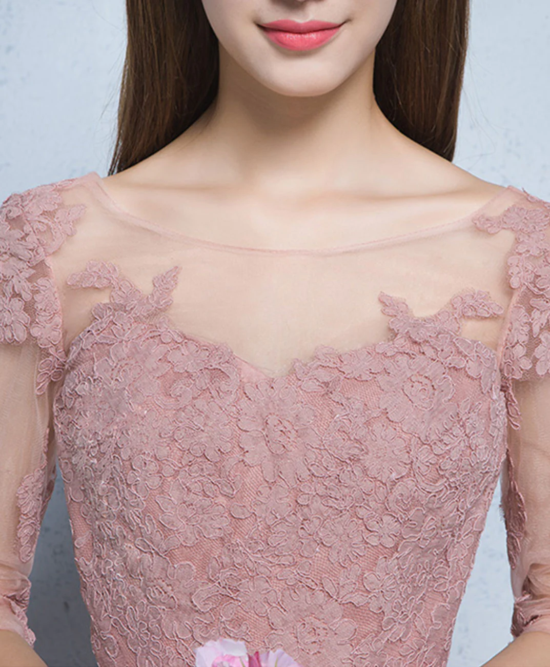 Pink Round Neck Tulle Lace Long Prom Dress, Pink A-Line Bridesmaid Dress - Deanwangkt