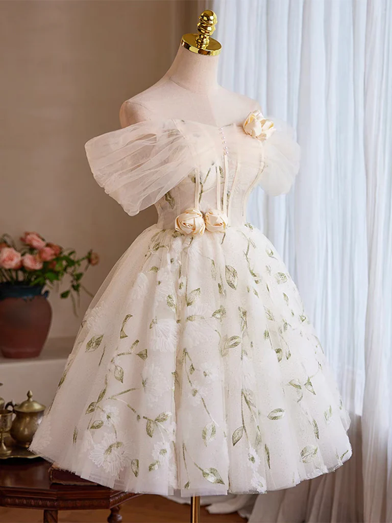 A-Line Tulle Off Shoulder Lace Light Champagne Short Prom Dress, Cute Homecoming Dress - Deanwangkt