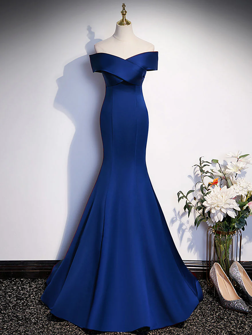 Royal Blue Mermaid Satin Long Prom Dress, Off Shoulder Blue Evening Dress - Deanwangkt