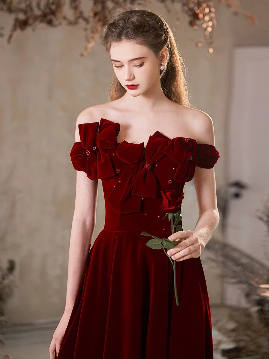 A-Line Off Shoulder Velvet Burgundy Long Prom Dress, Burgundy Long Formal Dress - Deanwangkt