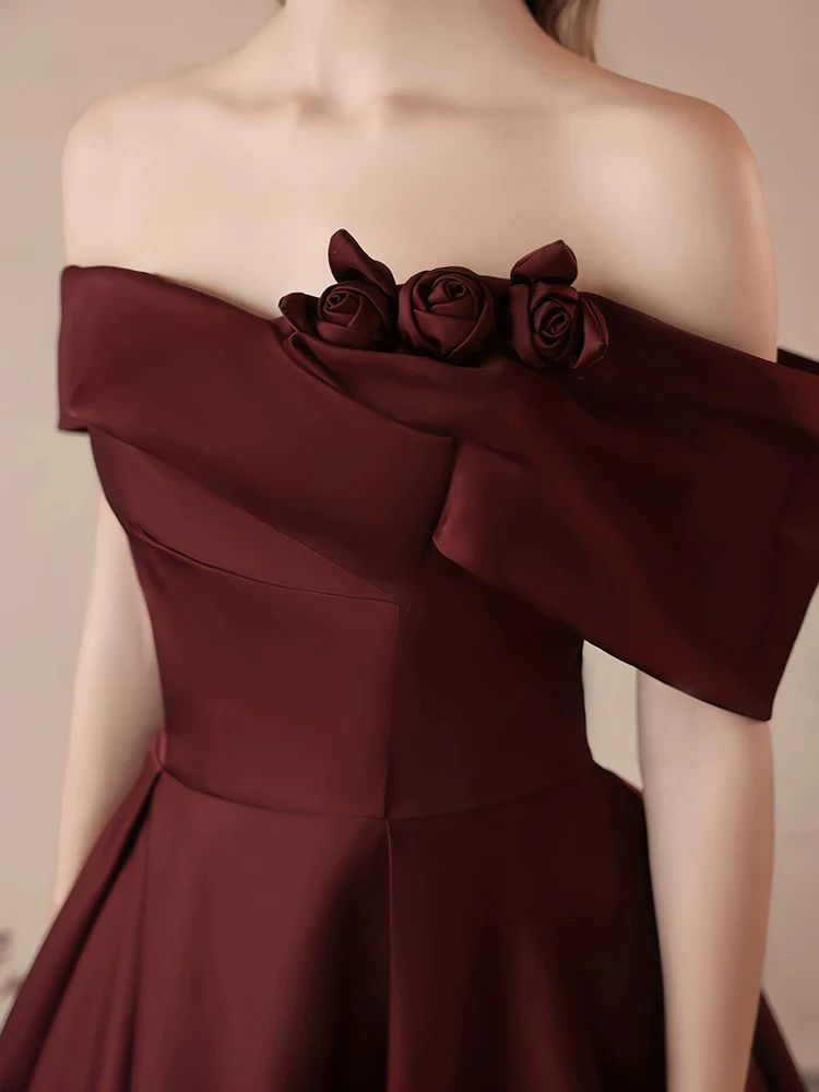 A-Line off Shoulder Satin Dark Burgundy Long Prom Dress, Satin Long Formal Dress - Deanwangkt