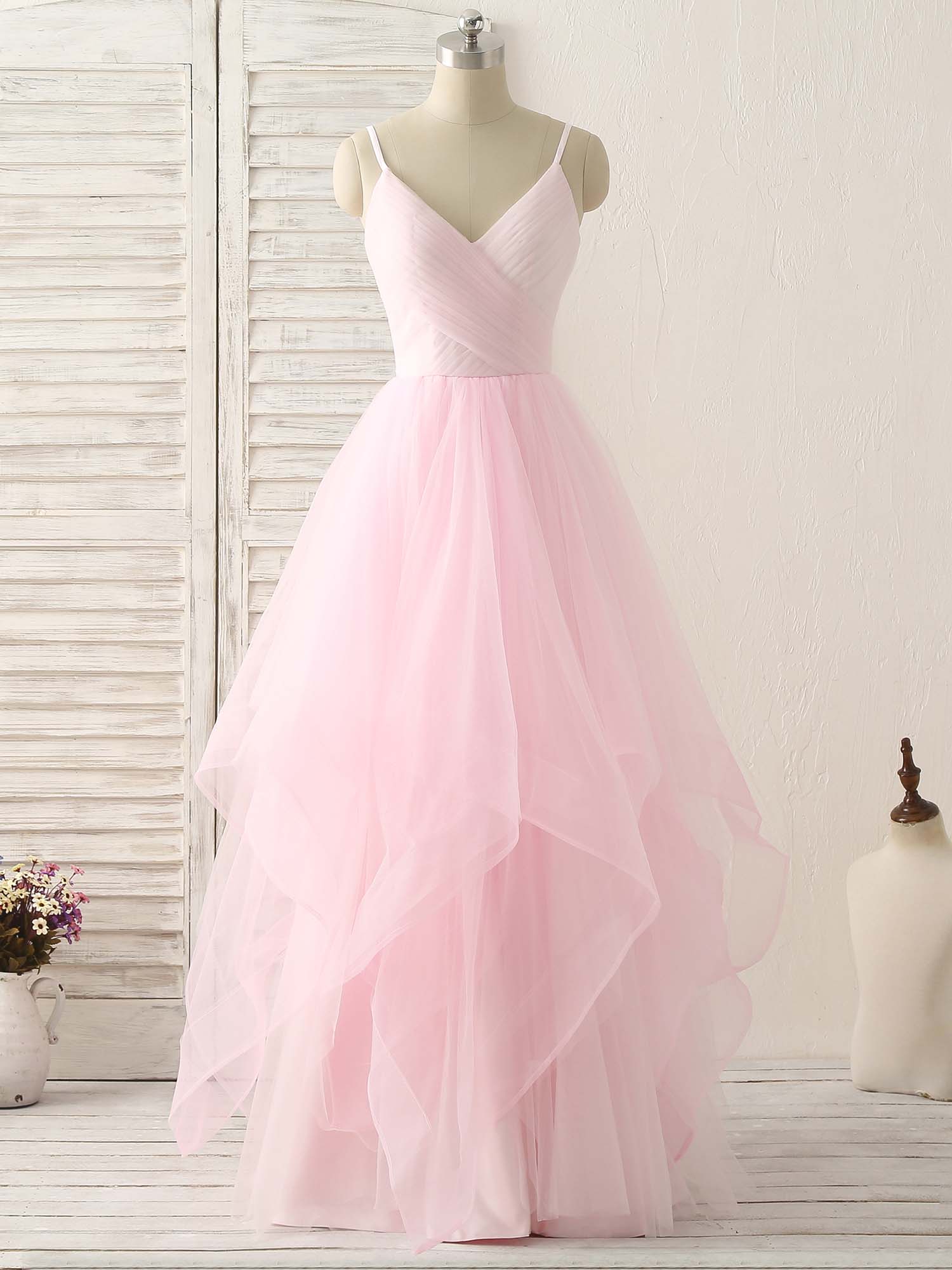 Pink V Neck Tulle Long Prom Dress Simple Pink Tulle Evening Dress - Deanwangkt