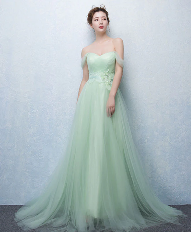 Cute Green Tulle Lace Long Prom Dress, Green Evening Dress - Deanwangkt