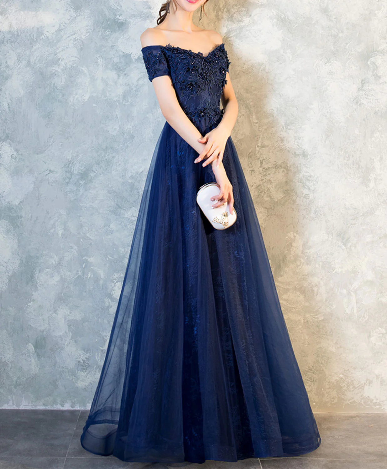 Blue Lace Off Shoulder Long Prom Dress, Blue Evening Dress - Deanwangkt