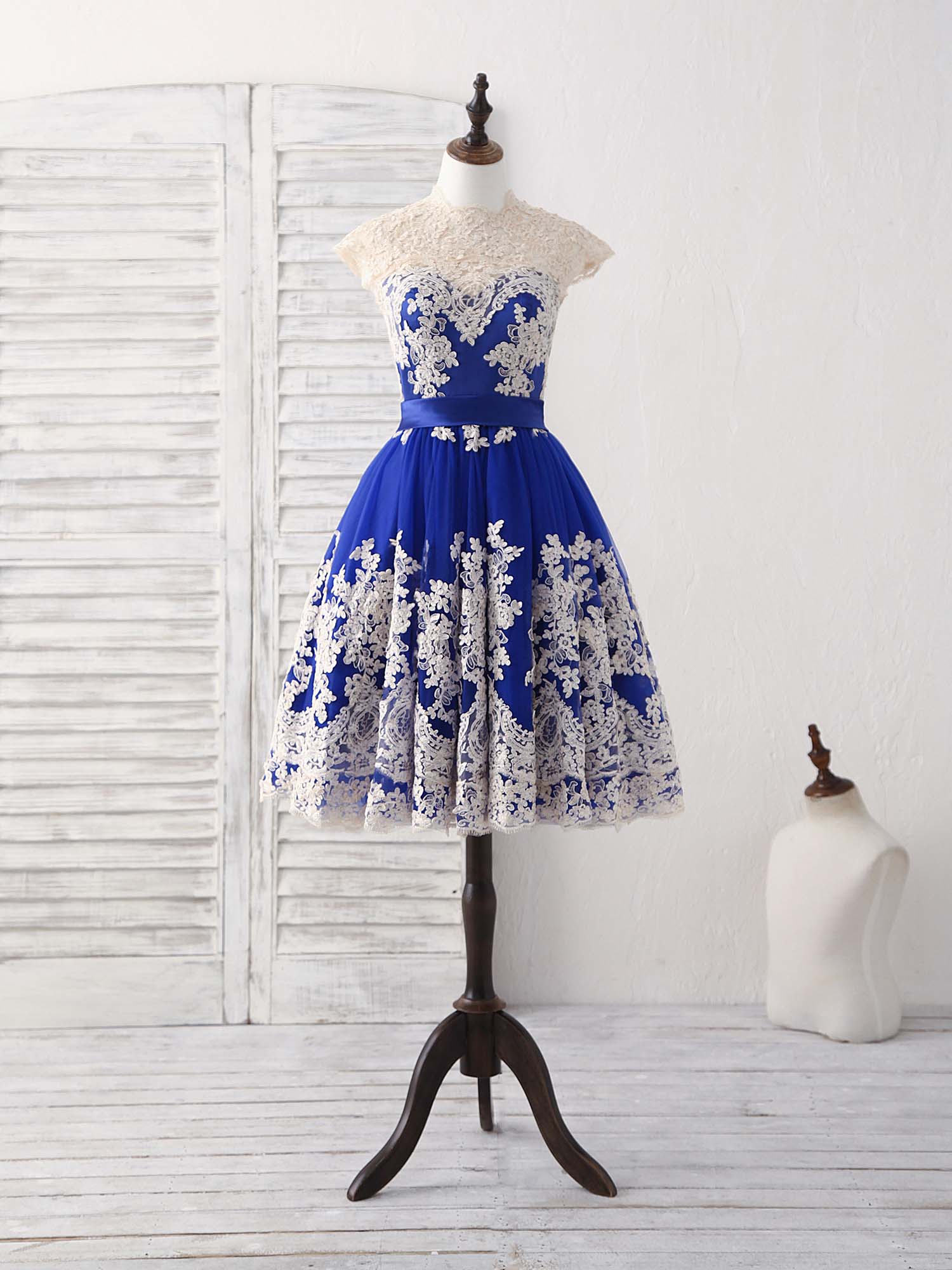 Unique Blue Tulle Lace Applique Short Prom Dress, Blue Bridesmaid Dress - Deanwangkt