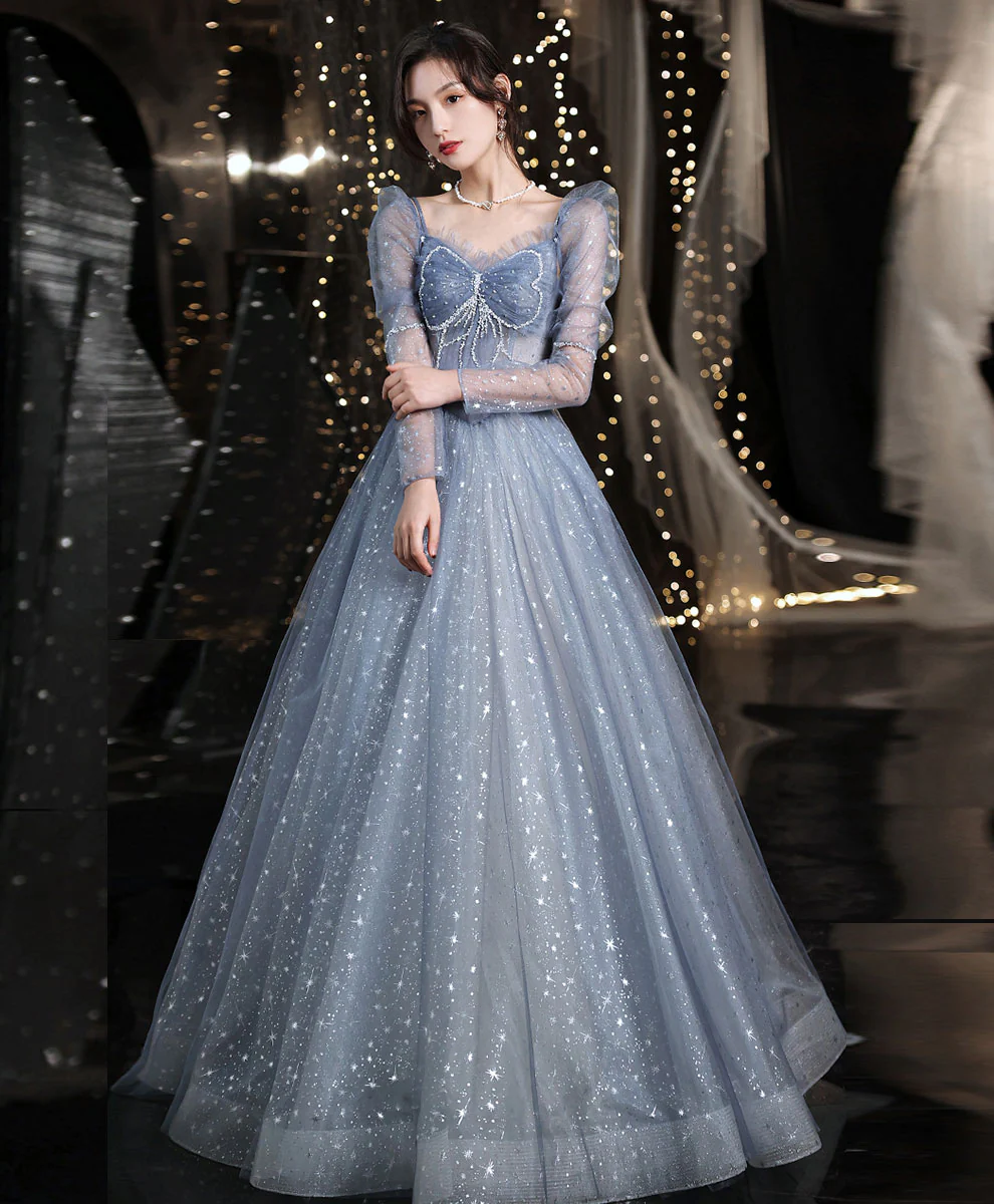 Blue Tulle Beads Long Prom Dress, Blue Sweet 16 Dress with Beading Sequin - Deanwangkt