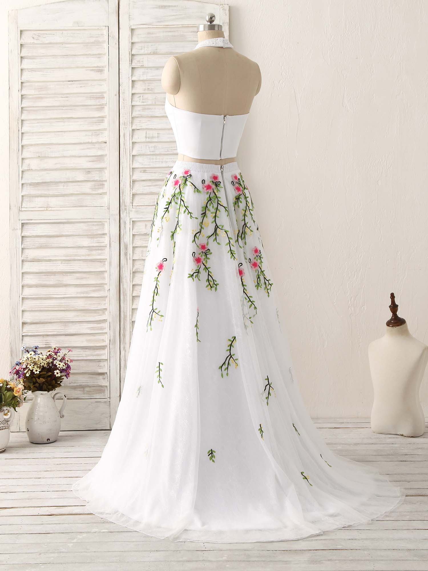 White Two Pieces Lace Applique Long Prom Dress, Evening Dress - Deanwangkt