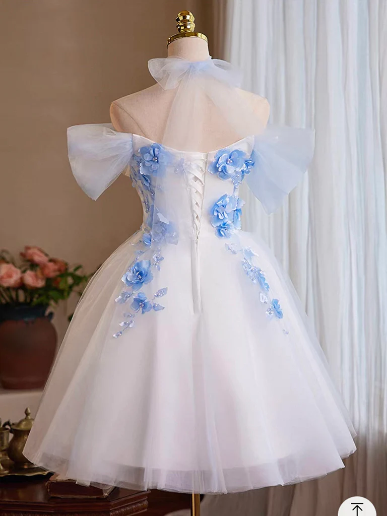 A-Line Tulle Flower White Short Prom Dress, White Homecoming Dress - Deanwangkt