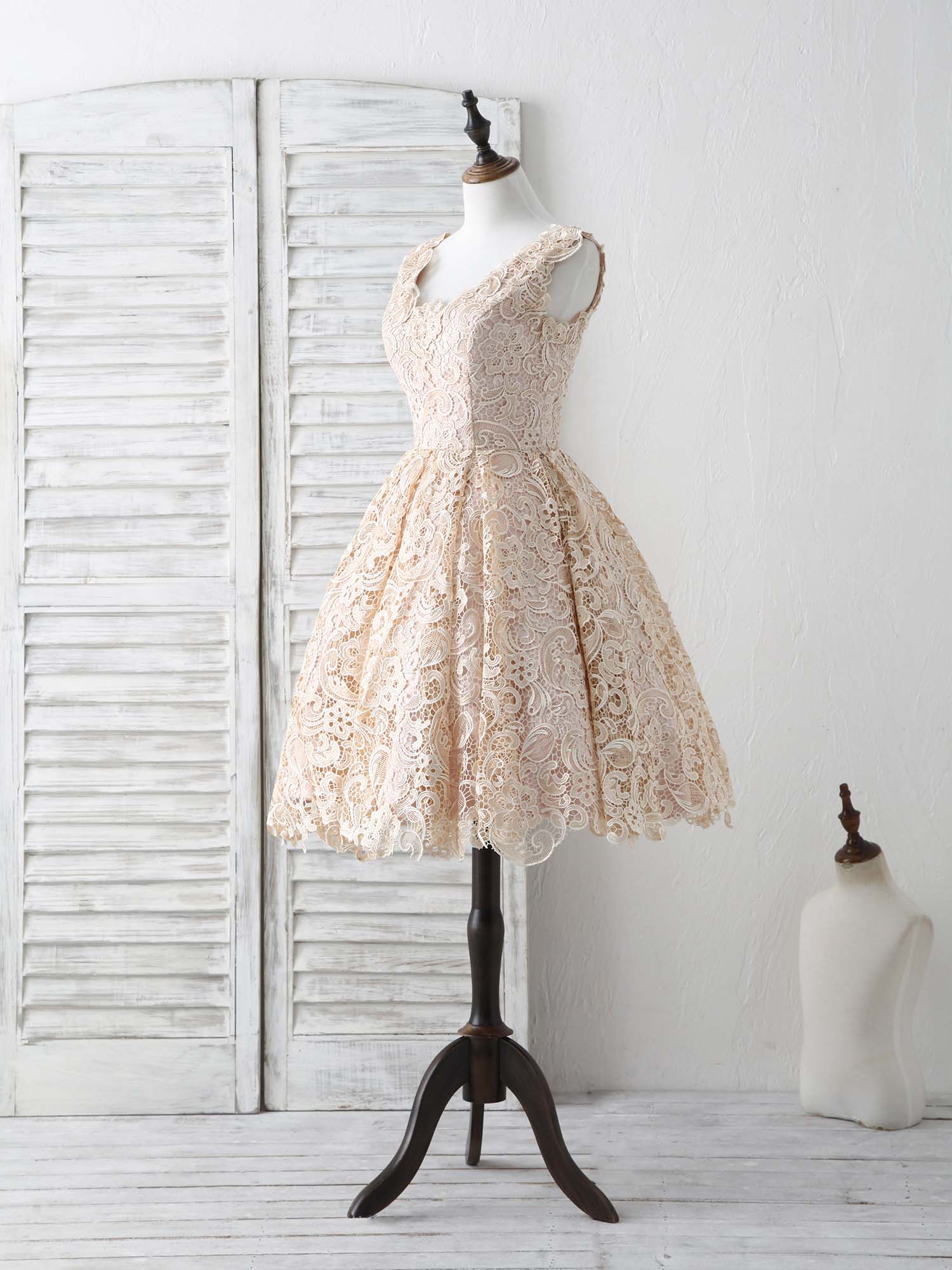 Champagne V Neck Lace Short Prom Dress Champagne Bridesmaid Dress - Deanwangkt