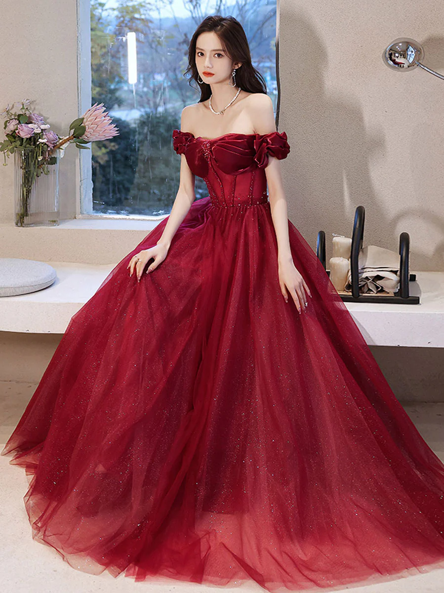 Burgundy Off Shoulder Tulle Long Prom Dress, Burgundy Formal Dresses - Deanwangkt