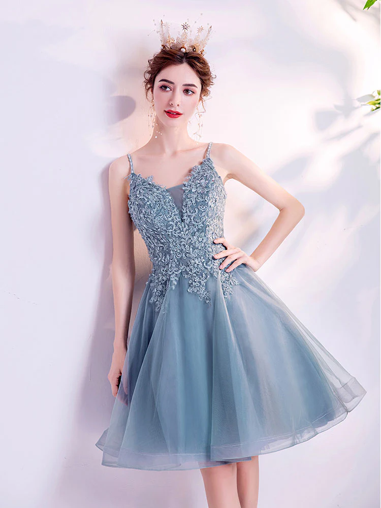 Gray V Neck Tulle Lace Blue Short Prom Dress Puffy Blue Homecoming Dress - Deanwangkt