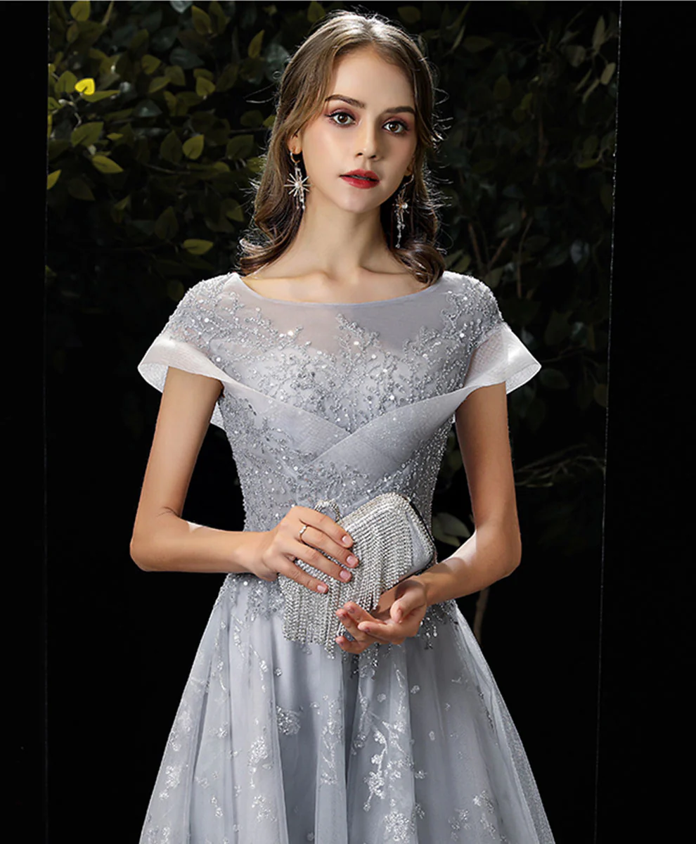 Gray Round Neck Tulle Lace Long Prom Dress Gray Tulle Formal Dress - Deanwangkt