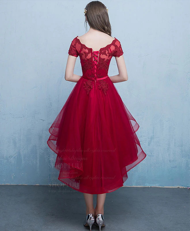 Burgundy Tulle Lace Short Prom Dress, Burgundy Homecoming Dress - Deanwangkt
