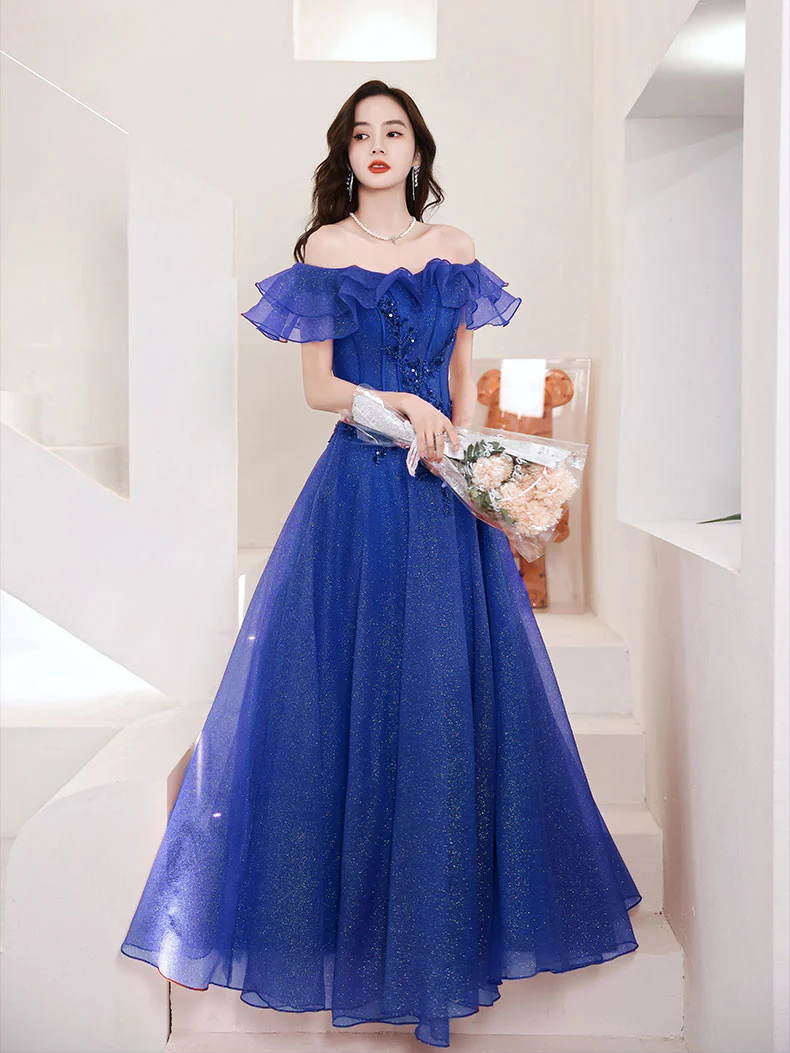 Blue Tulle Off Shoulder Long Prom Dress, Tulle A line Evening Dress - Deanwangkt