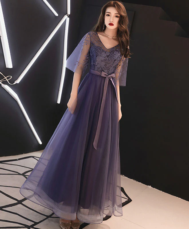 Elegant A-Line Tulle Lace Prom Dress Purple Tulle Formal Dress - Deanwangkt