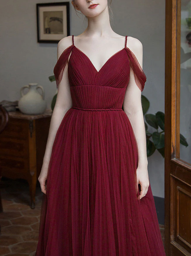 Simple Burgundy V Neck Tulle Long Prom Dress, Burgundy Bridesmaid Dress - Deanwangkt