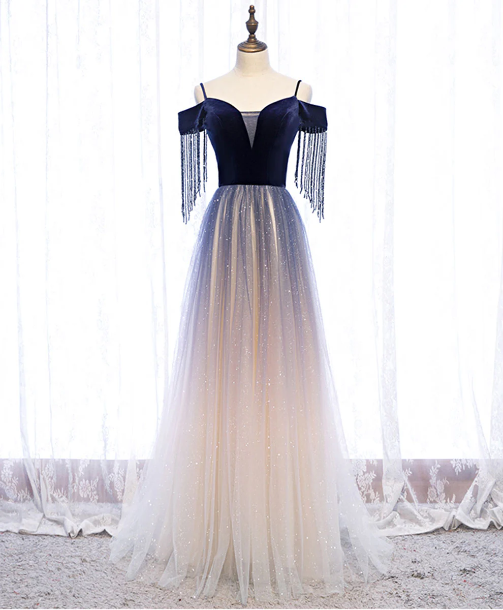 Blue Tulle Long Prom Dress Blue Tulle Formal Dress with Beading Velvet - Deanwangkt