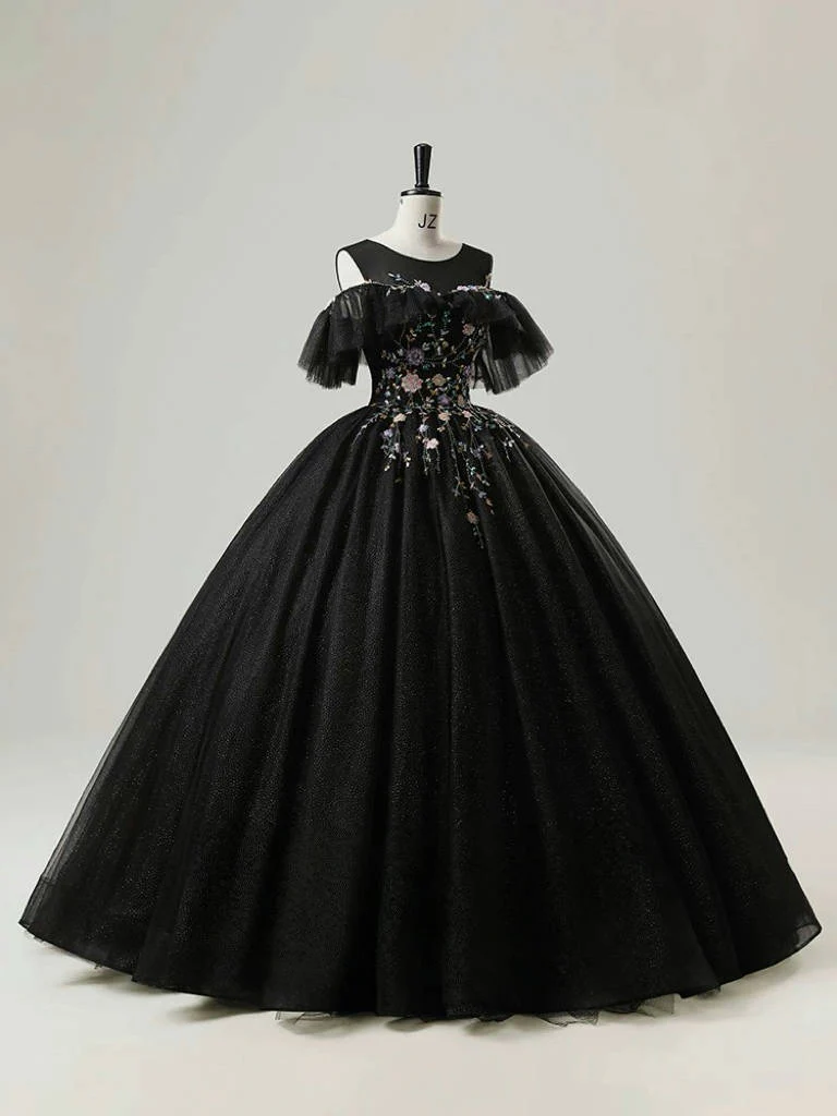 A-Line Round Neck Tulle Lace Black Long Prom Dress, Black Long Sweet 16 Dress - Deanwangkt