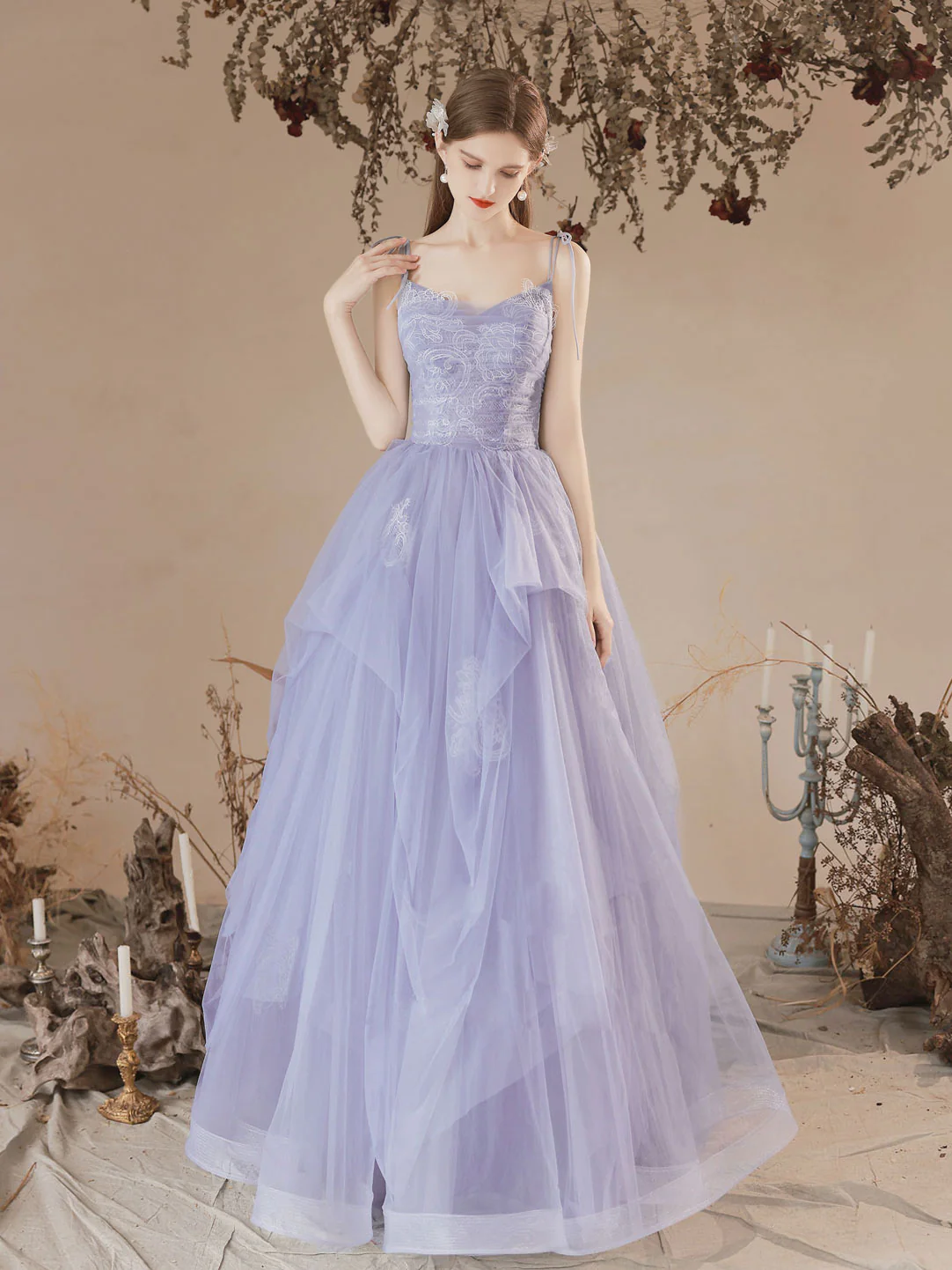 A-Line Tulle Lace Purple Long Prom Dresses, Purple Formal Evening Dress - Deanwangkt