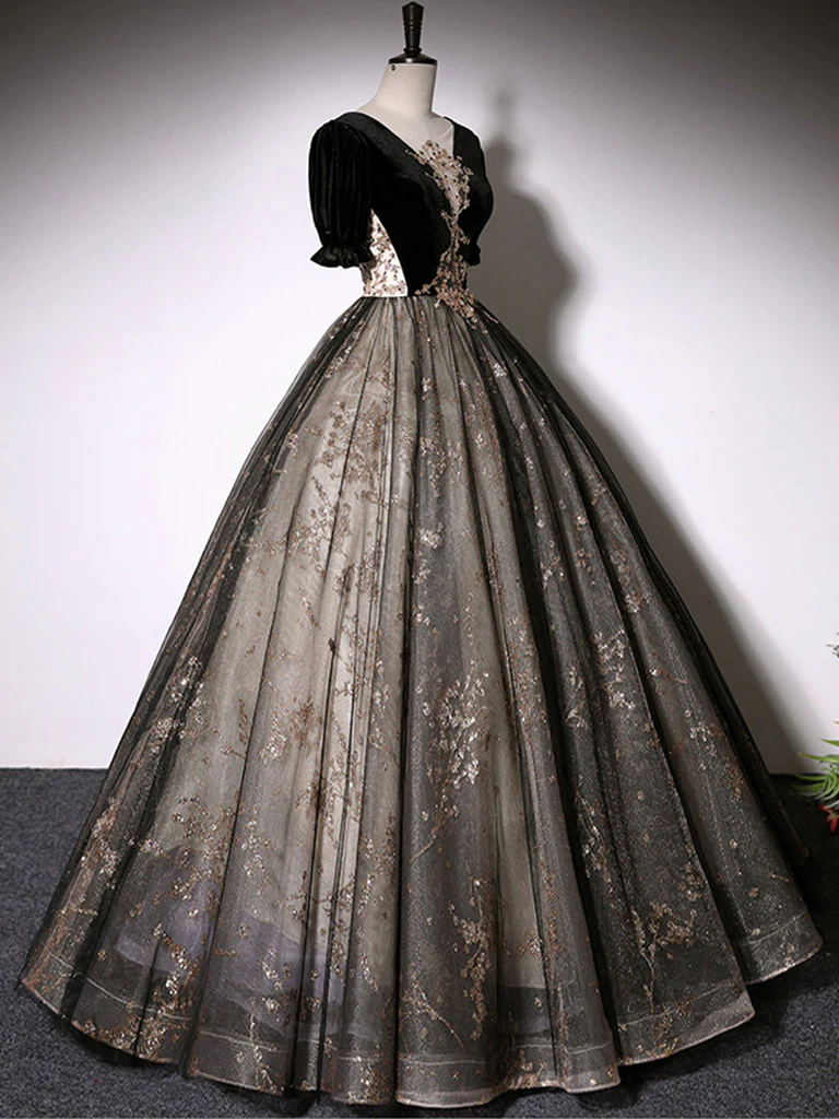 Black A-Line Tulle Lace Long Prom Dress, Black Lace Formal Dress - Deanwangkt