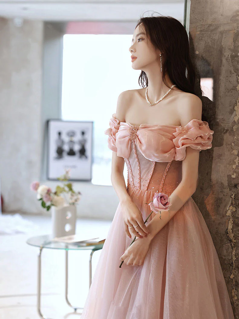 Pink Sweetheart Neck Tulle Beads Long Prom Dress, Pink Evening Dress - Deanwangkt