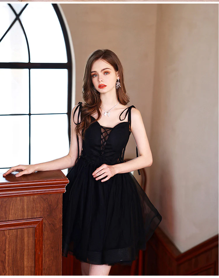 Cute V Neck Tulle Black Short Prom Dress, Black Homecoming Dresses - Deanwangkt