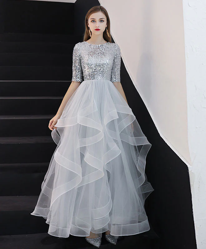 Gray Tulle Sequin Long Prom Dress, Gray Tulle Evening Dress - Deanwangkt